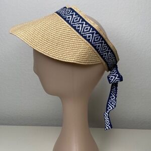 Sea & Grass Women Straw Visor Navy Blue Geometric Ribbon Tie Back Sun Hat